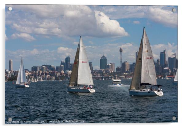 Yachts sailing in Sydney harbour witheCentral Business District, Acrylic by Kevin Hellon