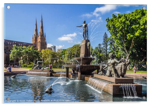 J. F. Archibald Memorial Fountain, Hyde Park with St Marys cathe Acrylic by Kevin Hellon