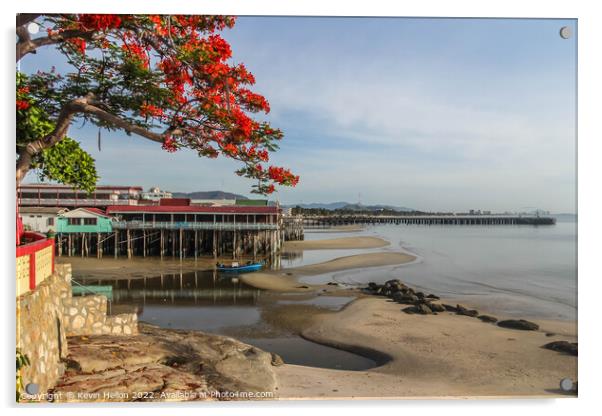 Pier, beach and flame tree, Hua Hin, Thailand Acrylic by Kevin Hellon