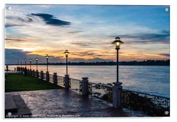 Sunset on the Mekhong river on the promenade in Nong Khai, Thail Acrylic by Kevin Hellon