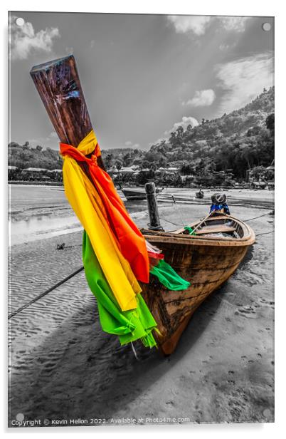 Long tail boat with colourful prow ribbons on Nai Yang Beach, Ph Acrylic by Kevin Hellon