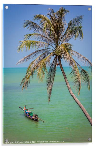 Cocnut palm and long tail boat Acrylic by Kevin Hellon