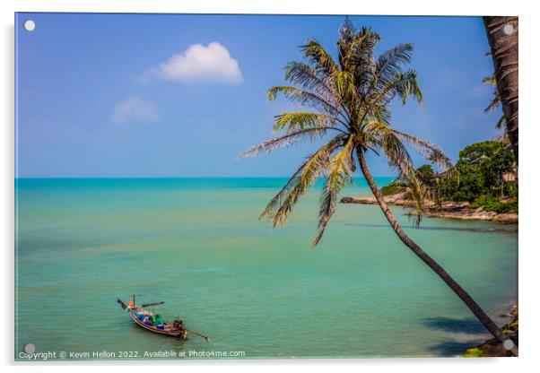 Cocnut palm and long tail boat Acrylic by Kevin Hellon