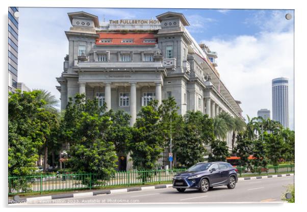 Car driving past the Fullerton Hotel  Acrylic by Kevin Hellon