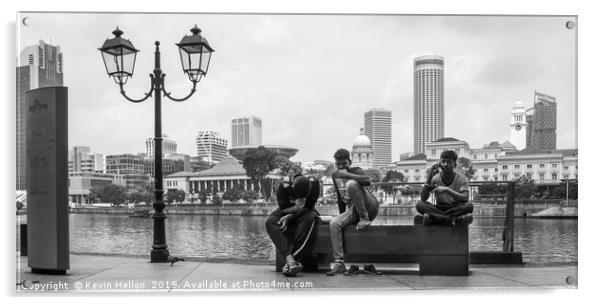 Three men sat on a bench on Boat Quay, Singapore  Acrylic by Kevin Hellon