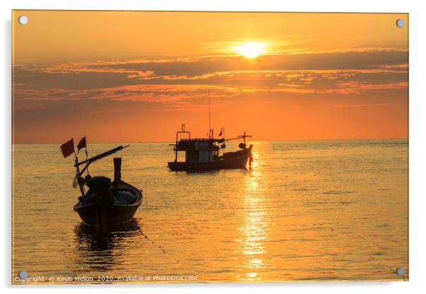 Silhouettes of boats on Bang Tao Beach Acrylic by Kevin Hellon