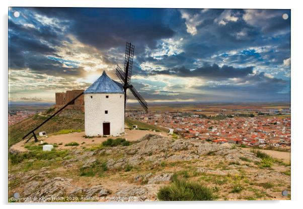 Windmill overlooking town of Consuegra, Spain Acrylic by Kevin Hellon