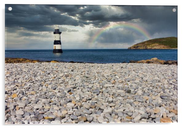 Penmon lighthouse and shingle beach with rainbow Acrylic by Kevin Hellon