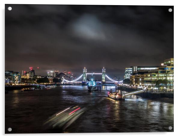 HMS Belfast and Tower Bridge at Night Acrylic by Mike Lanning