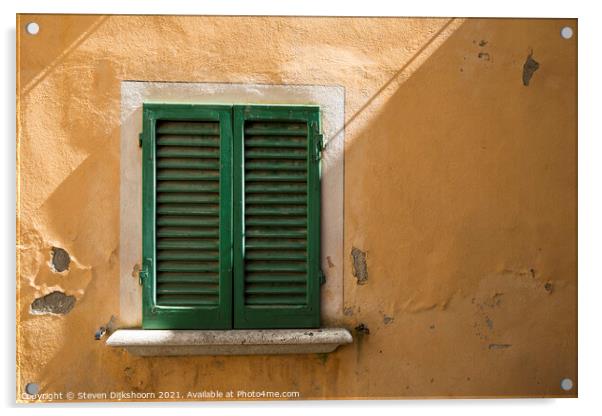 Green shutters and a yellow concrete wall in Italy Acrylic by Steven Dijkshoorn