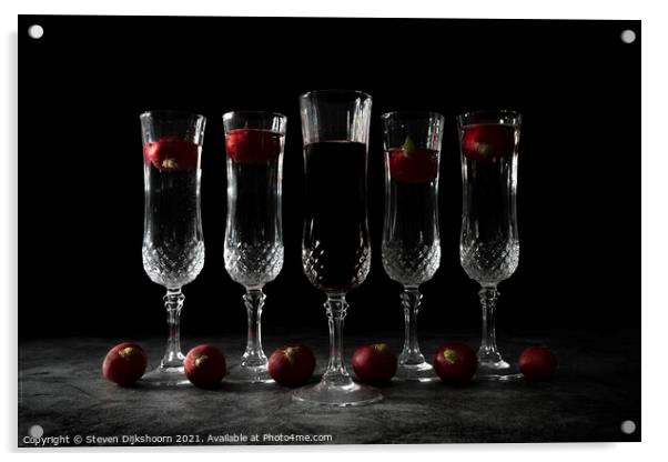 Five crystall glasses with wine and radish | Still Life landscape Acrylic by Steven Dijkshoorn