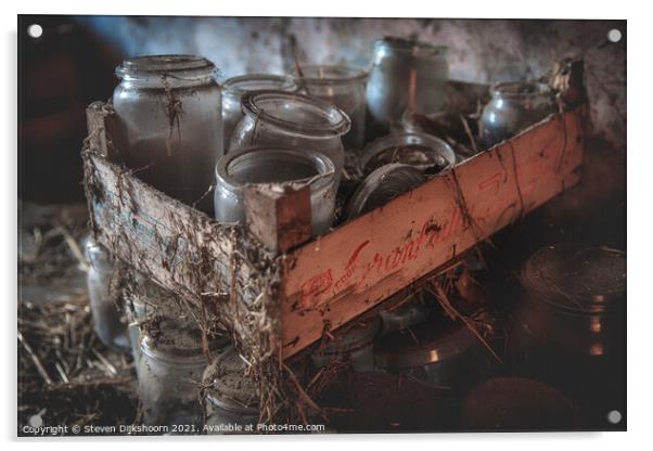 A crate of old glass bottles in sunlight Acrylic by Steven Dijkshoorn