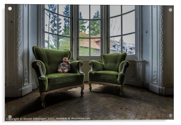 Old green chairs with an doll on it Acrylic by Steven Dijkshoorn