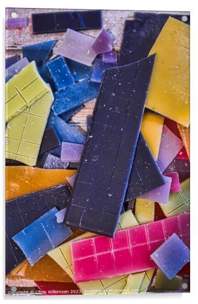 yellow blue orange and pink parts of candle wax Acrylic by Chris Willemsen
