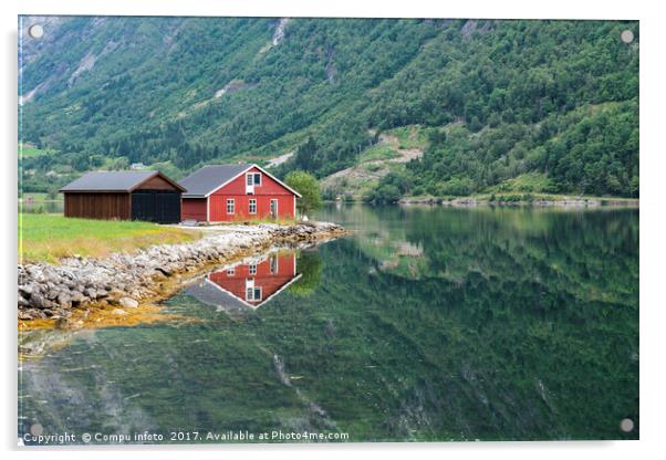 red wooden house at norway fjord Acrylic by Chris Willemsen