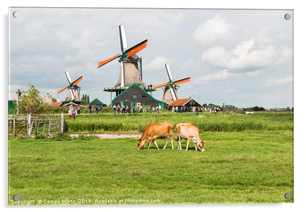 Typical dutch landscape with windmills and cows Acrylic by Chris Willemsen