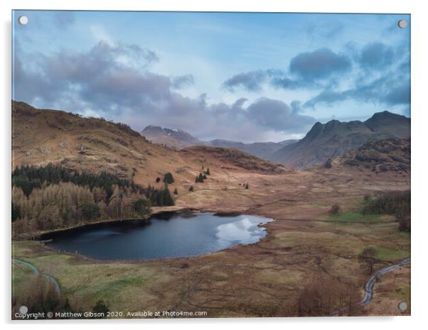 Beautiufl unique drone aerial sunrise landscape image of Blea Tarn and Langdales Range in UK Lake District Acrylic by Matthew Gibson