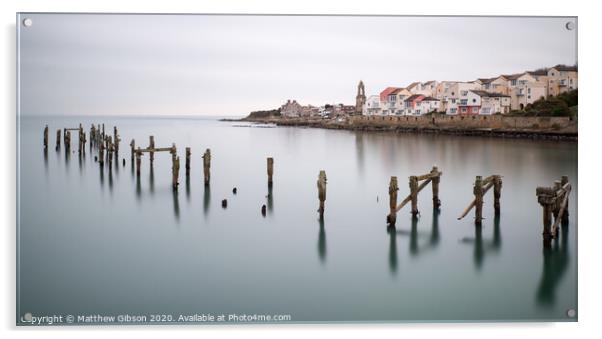 Fine art landscape image of derelict pier in milky long exposure seascape Acrylic by Matthew Gibson