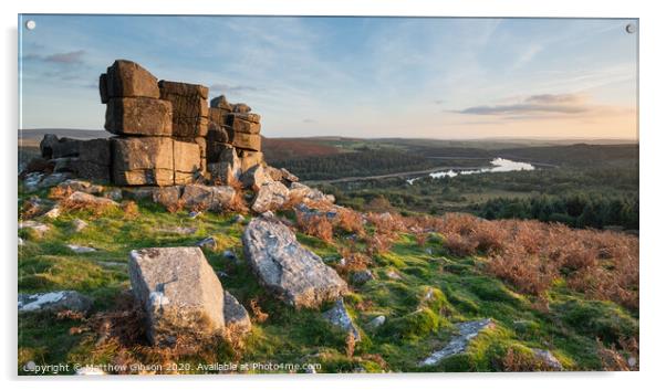 Stunning Autumn sunset landscape image of view from Leather Tor towards Burrator Reservoir in Dartmoor National Park Acrylic by Matthew Gibson