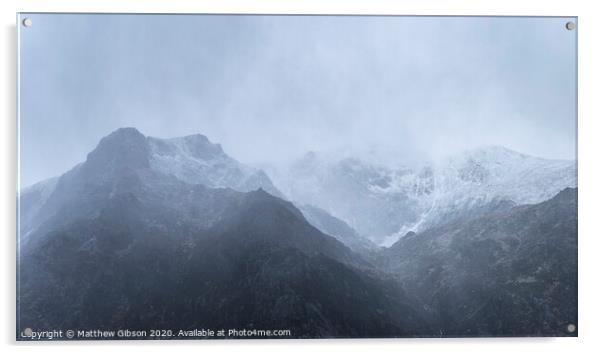Stunning moody dramatic Winter landscape image of snowcapped Y Garn mountain in Snowdonia Acrylic by Matthew Gibson