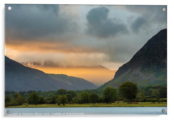 Stunning epic sunrise landscape image looking along Loweswater towards wonderful light on Grasmoor and Mellbreak mountains in Lkae District Acrylic by Matthew Gibson