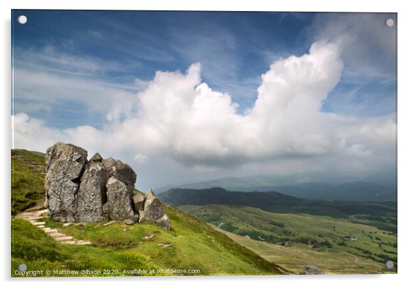 Landscape view from Cadair Idris looking North towards Dolgellau over fields and countryside on sunny day Acrylic by Matthew Gibson