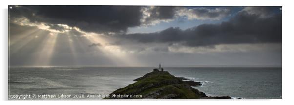Landscape panorama of Mumbles lighthouse in Wales with sunbeams over sea Acrylic by Matthew Gibson