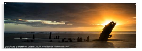 Landscape panorama ship wreck on Rhosilli Bay beach in Wales at sunset Acrylic by Matthew Gibson