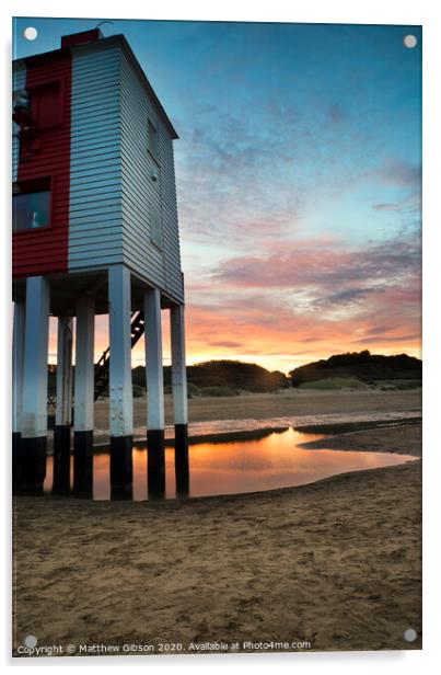 Beautiful landscape sunrise stilt lighthouse on beach Acrylic by Matthew Gibson