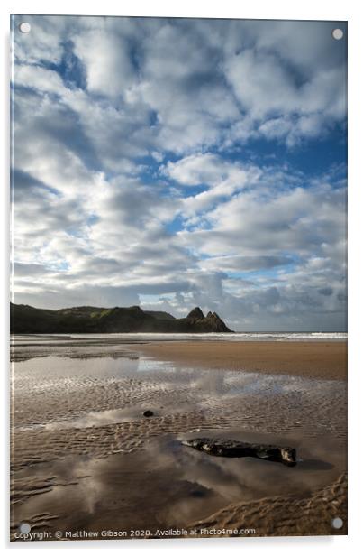 Beautiful blue sky morning landscape over sandy Three Cliffs Bay Acrylic by Matthew Gibson