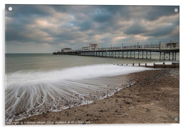 Beautiful long exposure sunset landscape image of pier at sea in Worthing England Acrylic by Matthew Gibson