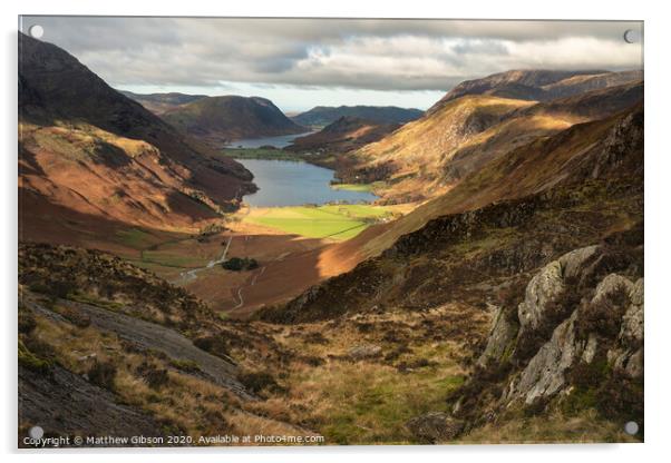 Majestic vibrant Autumn Fall landscape of Buttermere and Crummock Water flanked by mountain peaks of Haystacks High Stile and Mellbreak in Lake District Acrylic by Matthew Gibson