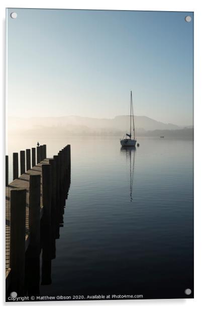 Stunning unplugged fine art landscape image of sailing yacht sitting still in calm lake water in Lake District during peaceful misty Autumn Fall sunrise Acrylic by Matthew Gibson