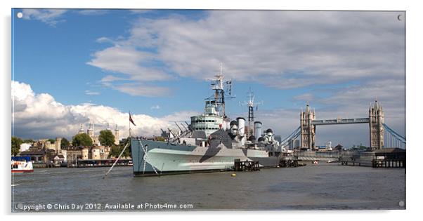 HMS Belfast and city skyline Acrylic by Chris Day