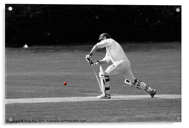 Cricketer in black and white with red ball Acrylic by Chris Day