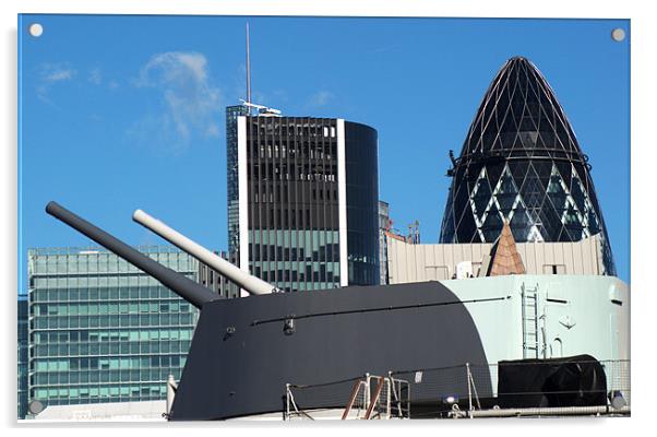 Guns of HMS Belfast and City of London Skyline Acrylic by Chris Day