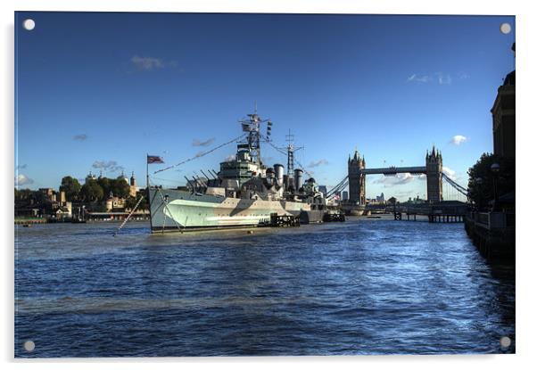 The Tower HMS Belfast and Tower Bridge Acrylic by Chris Day