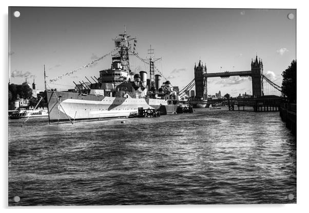 HMS Belfast and Tower Bridge 2 in Black and White Acrylic by Chris Day