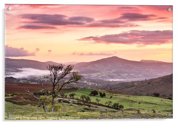 Sugar Loaf and Skirrid Sunrise from the Moors. Acrylic by Philip Veale