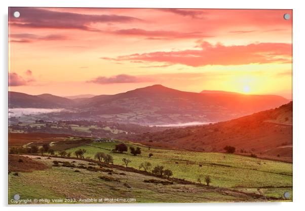 Sugar Loaf and Skirrid Golden Sunrise. Acrylic by Philip Veale