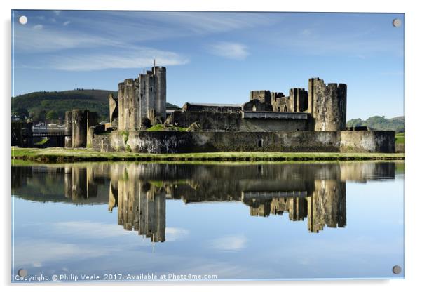Caerphilly Castle Reflection at Dawn. Acrylic by Philip Veale