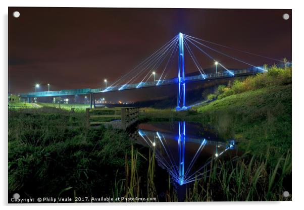 Tyllwyn Footbridge: Night-time Reflection. Acrylic by Philip Veale