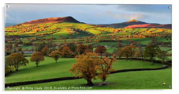 Skirrid and Sugar Loaf in Autumn's First Light. Acrylic by Philip Veale