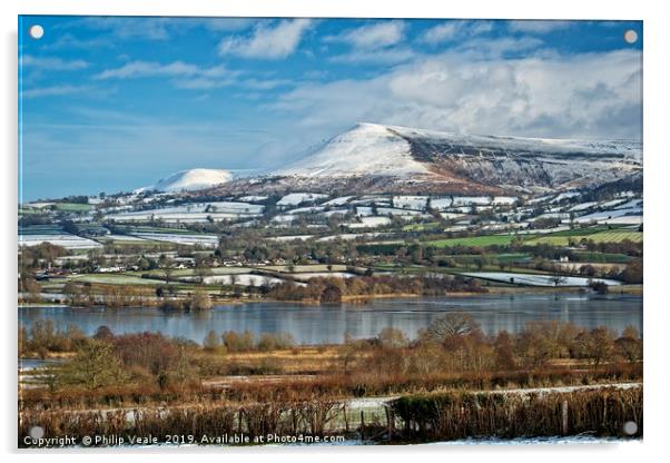 Llangorse Lake and Mynydd Troed in Winter. Acrylic by Philip Veale