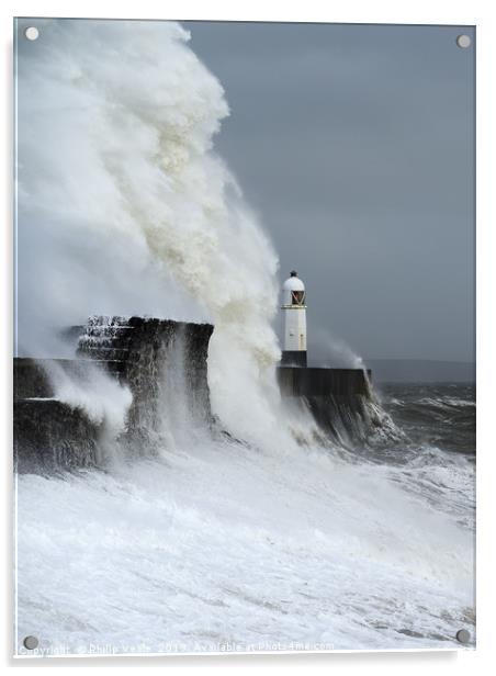 Porthcawl Lighthouse Battles Storm Freya. Acrylic by Philip Veale