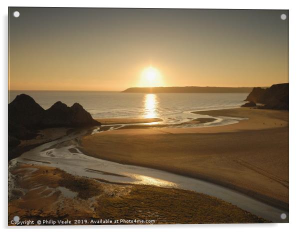 Three Cliffs Bay Winter Sunset, Gower Peninsula. Acrylic by Philip Veale