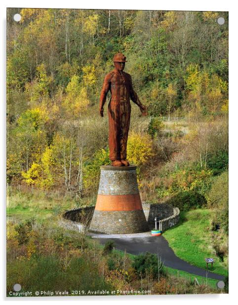 Guardian Statue at Six Bells in Autumn Colours. Acrylic by Philip Veale