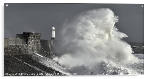 Porthcawl Lighthouse and Crashing Waves. Acrylic by Philip Veale