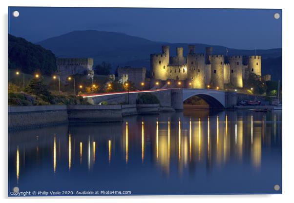 Conwy Castle Illuminated at Twilight. Acrylic by Philip Veale