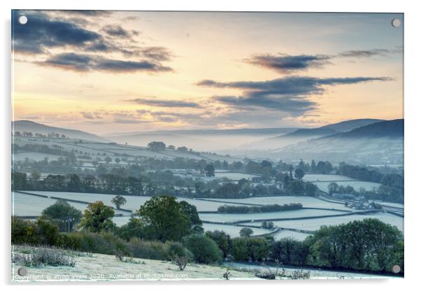 Llanhamlach's Frost Covered Fields at Sunrise. Acrylic by Philip Veale